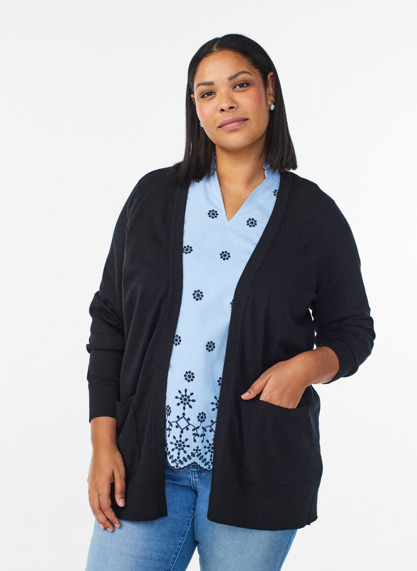 Long open-front knit cardigan with pockets, Black, Model image number 0
