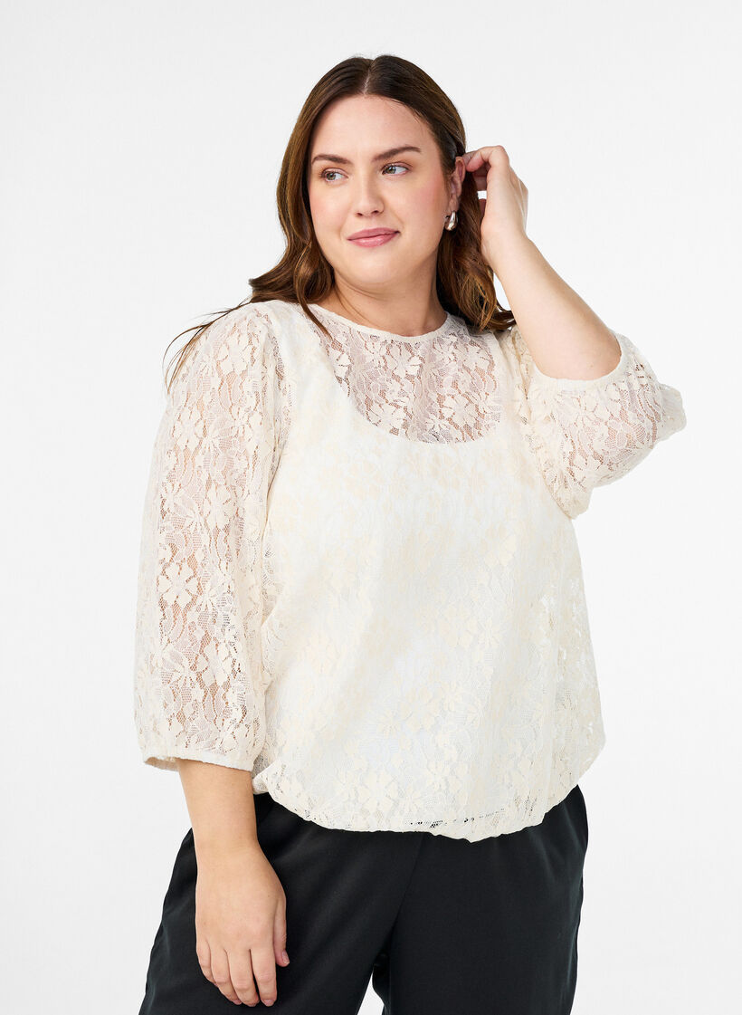Lace blouse with 3/4 sleeves, Vanilla, Model image number 0