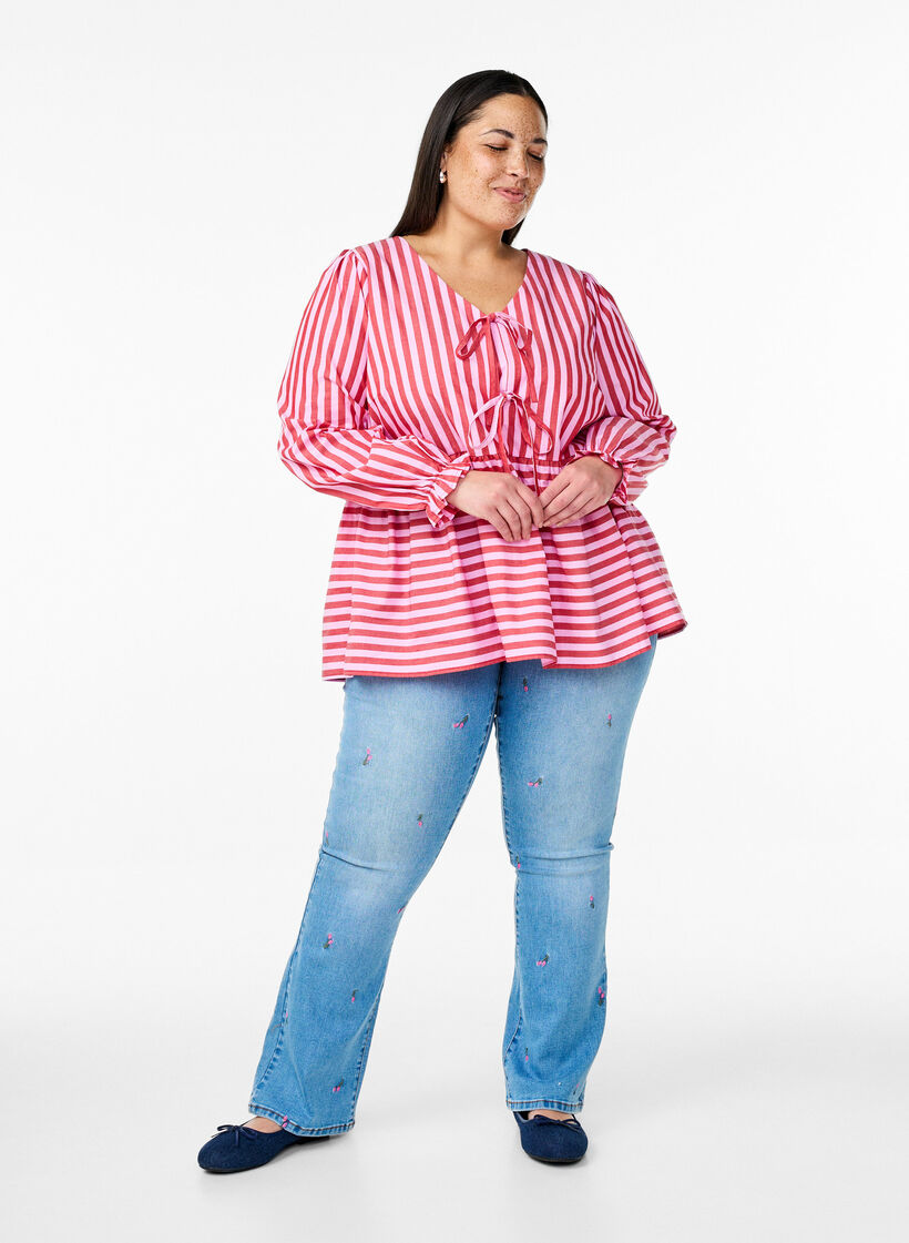 Blouse with stripes and bows, Red, Model image number 1