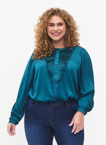 Satin shirt blouse with ruffle details, Shaded Spruce, Model image number 0