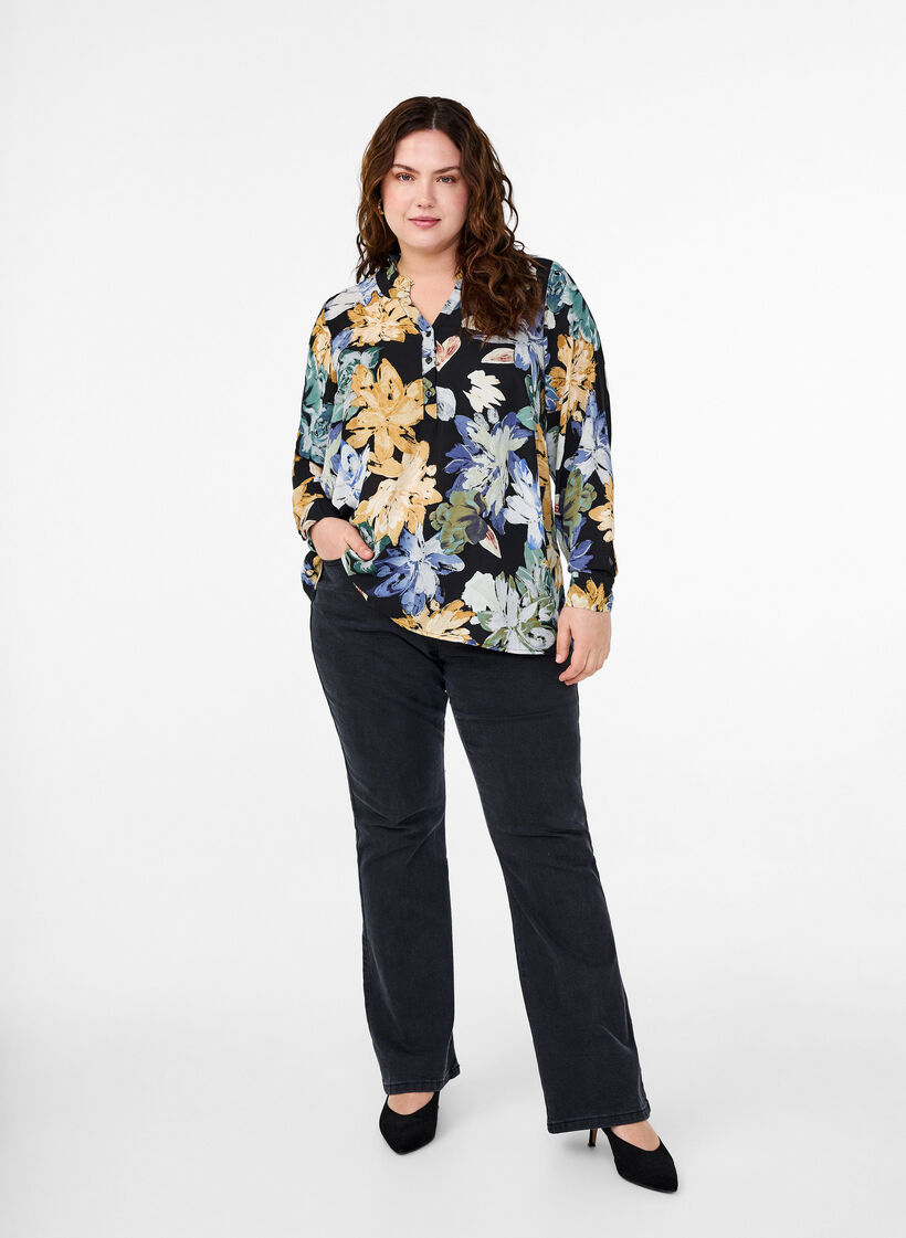 Long-sleeved blouse with floral print, Yellow Flower AOP, Model image number 2