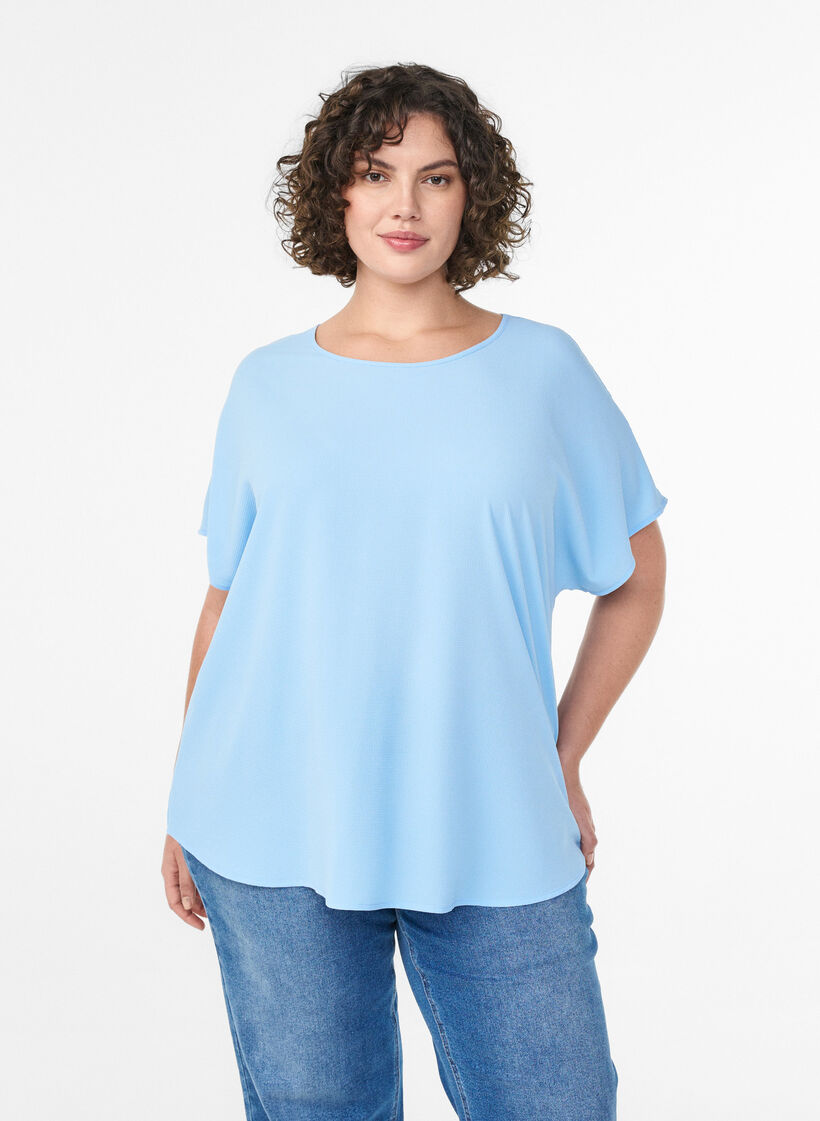 Blouse with short sleeves and a round neckline, Blue, Model image number 0