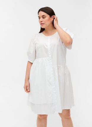 Cotton shirt dress with puff sleeves, Bright White, Model image number 0