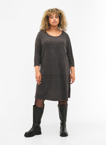 Dress with 3/4 sleeves and striped pattern, Dark Grey Mélange, Model image number 2