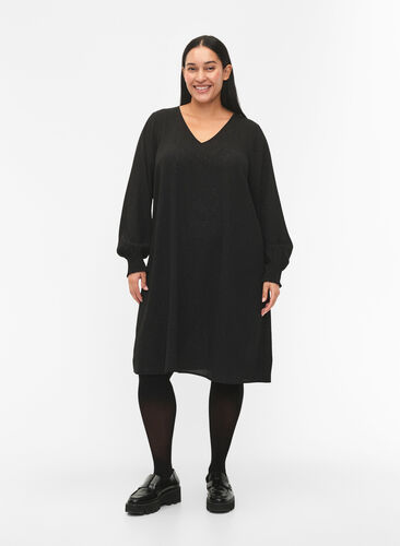 FLASH - Long sleeve dress with glitter, Black w. Silver , Model image number 2