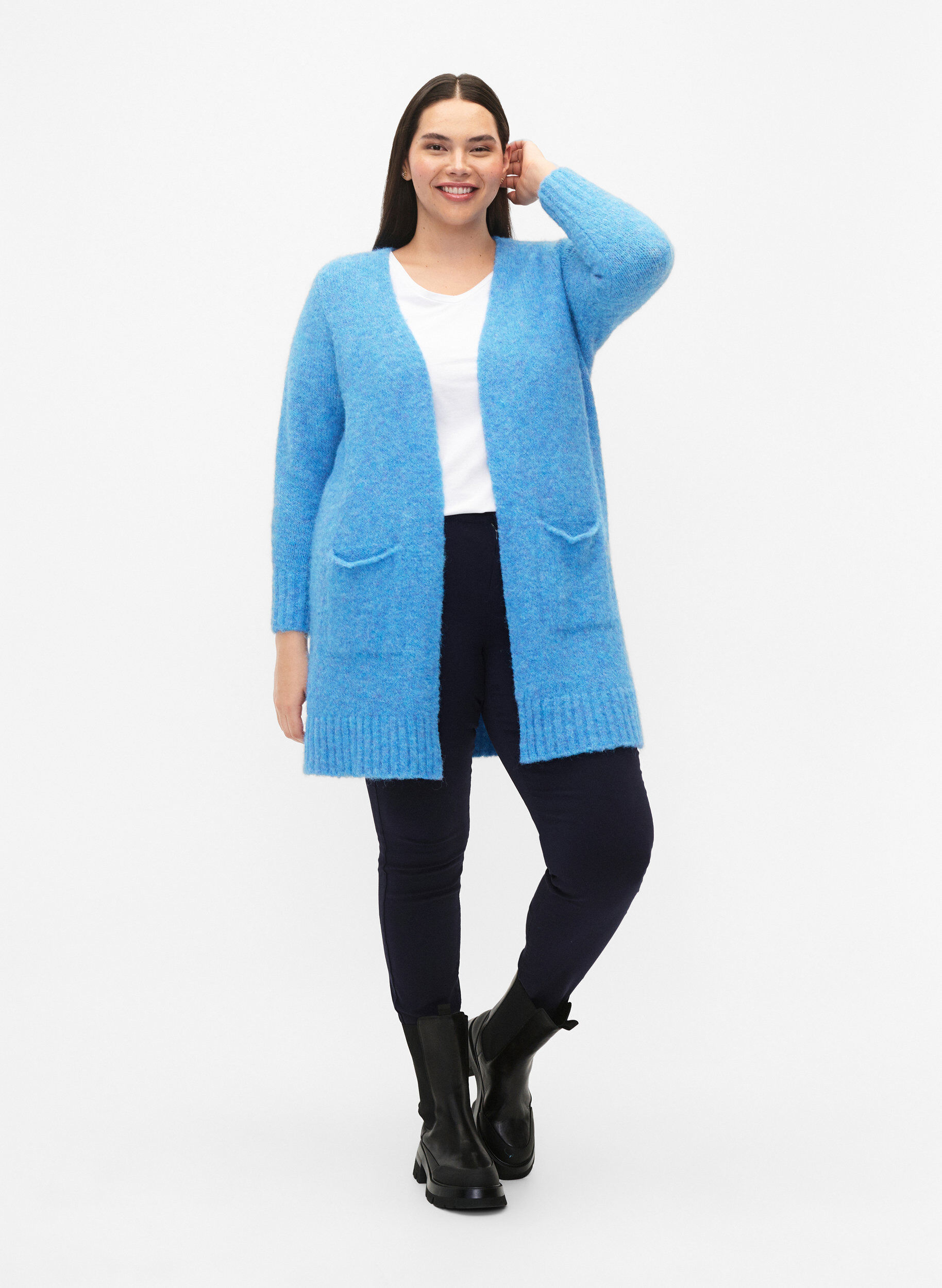 Zizzifashion Long knitted cardigan with wool and pockets, French Blue, Model image number 2