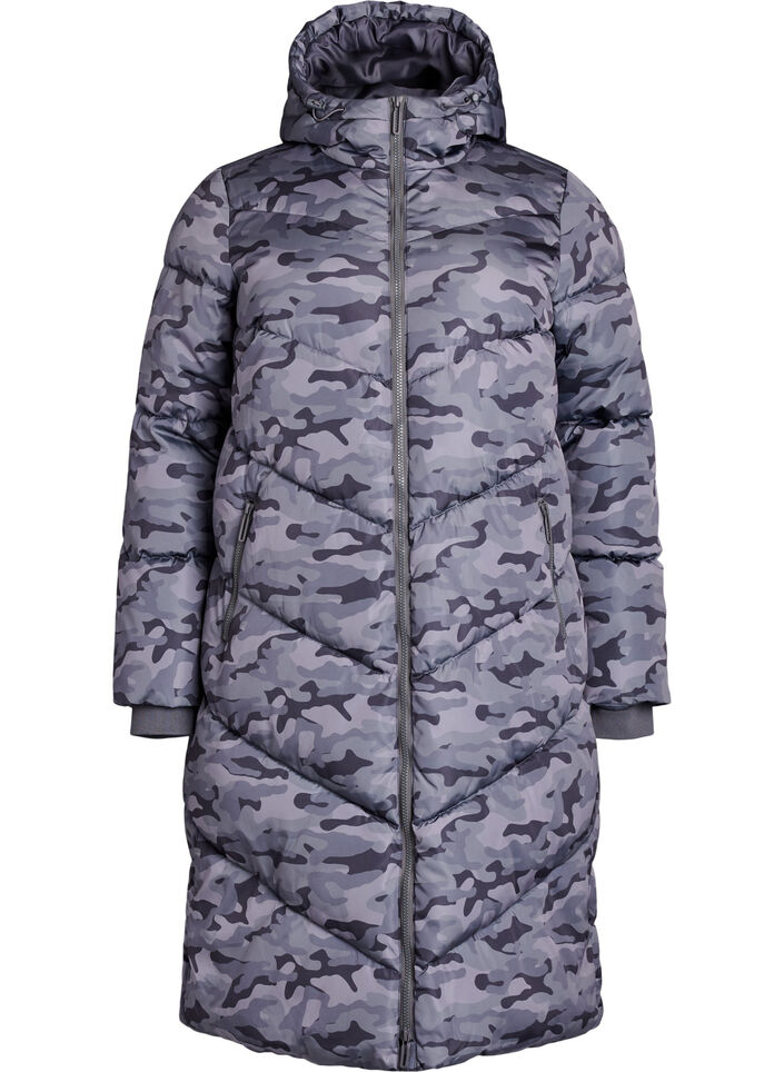 Long camouflage puffer jacket, Dark Grey, Packshot image number 0