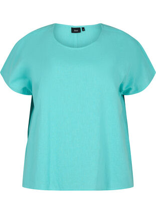 Short-sleeved blouse in cotton blend with linen, Turquoise, Packshot image number 0