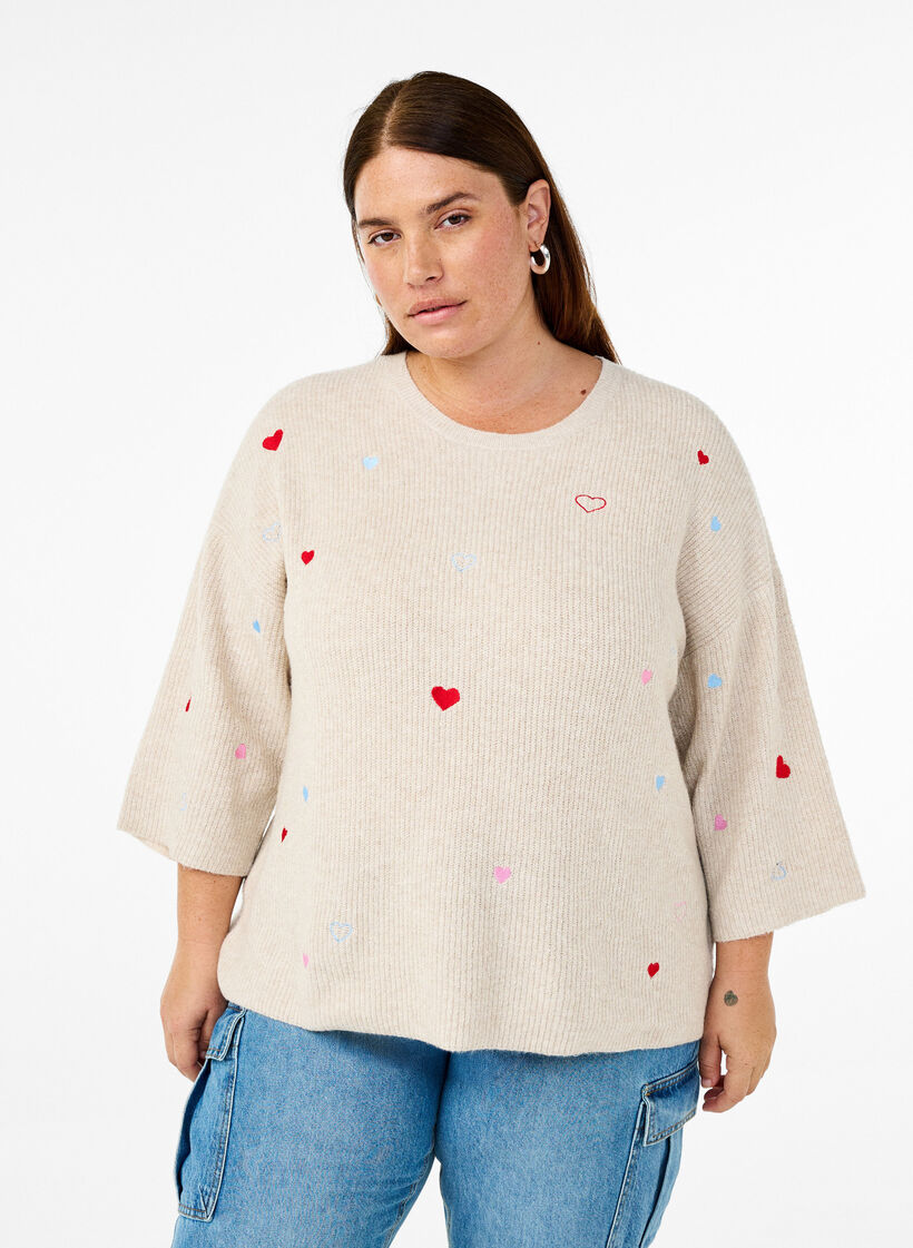 Knitted blouse with hearts and 3/4 sleeves, Beige, Model image number 0