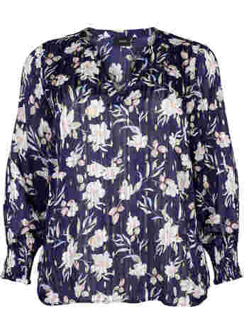 Printed top with smock and v-neckline
