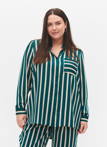Striped long-sleeved shirt, Green Stripe, Model image number 0