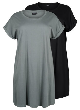 2-pack cotton dress with short sleeves, Balsam Green/Black, Packshot image number 0