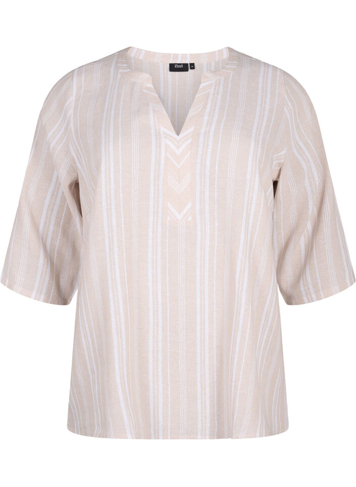 Striped blouse in linen-viscose blend, Beige, Packshot image number 0