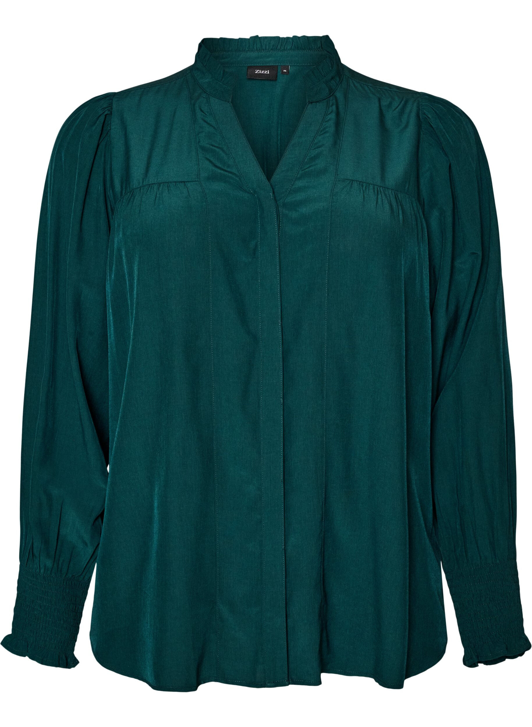 Blouse with ruffle collar and ruching