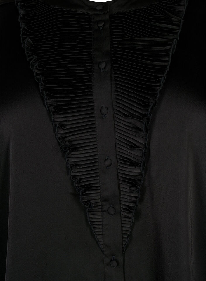 Satin shirt blouse with ruffle details, Black, Packshot image number 2