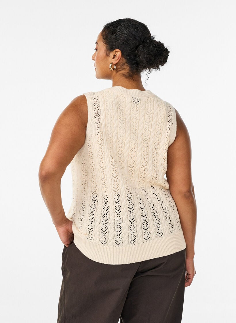 Knitted vest with eyelet embroidery and tie fastening, Beige, Model image number 2