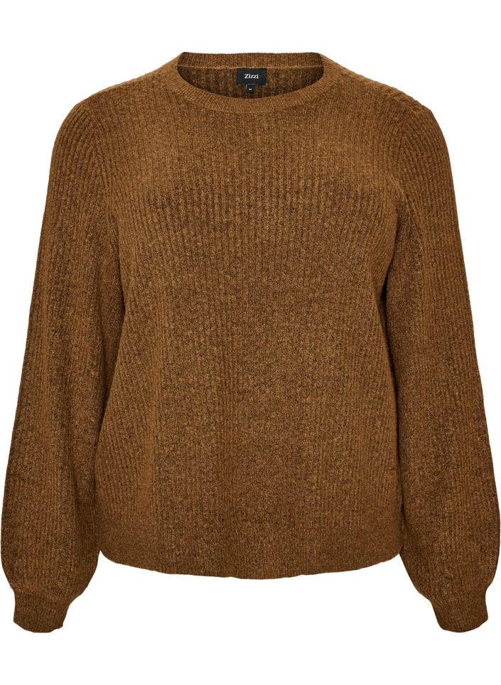 Ribbed jumper with balloon sleeves, Brown, Packshot image number 0