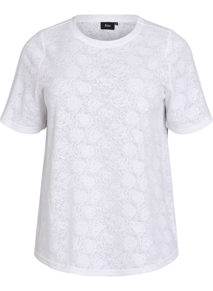 Short-sleeved blouse with rose patterned texture, White, Packshot image number 0