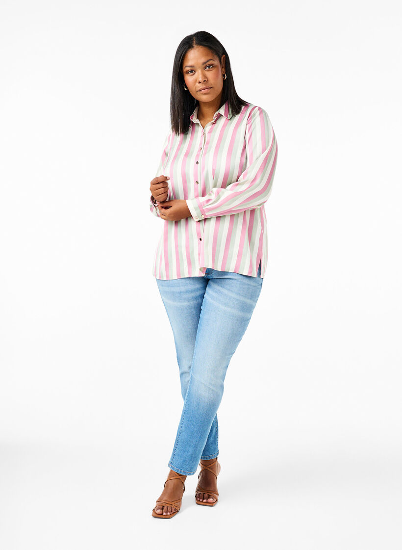 Striped satin shirt with collar, Rose Stripe, Model image number 2