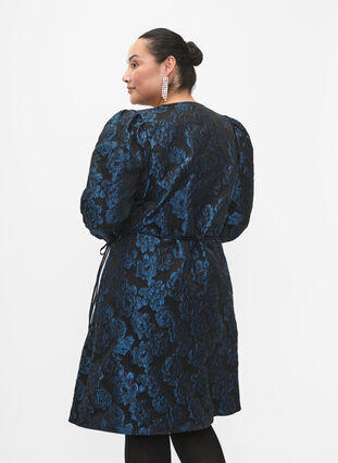Jacquard wrap dress with 3/4 sleeves, Black Blue, Model image number 1