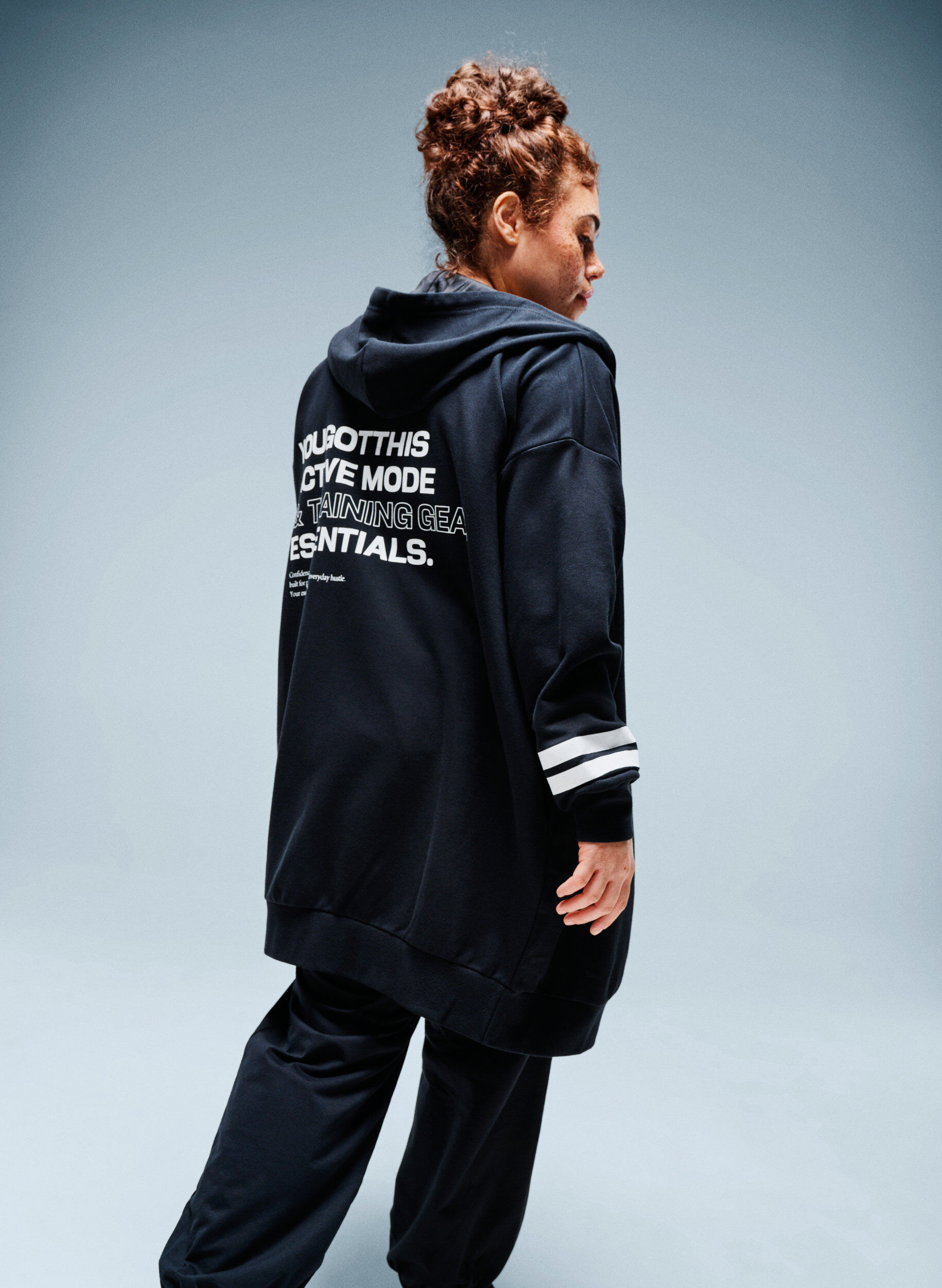 Zizzifashion Long sweat cardigan with printed details, Black, Image image number 0