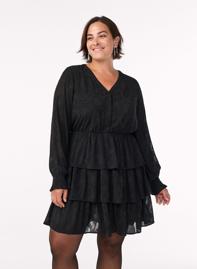 Short dress with ruffles and a textured pattern, Black, Model image number 0