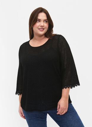 Knit top with 3/4 sleeves, Black, Model image number 0
