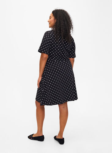 Solid-color cotton dress with short sleeves, Black w. White Dot, Model image number 1