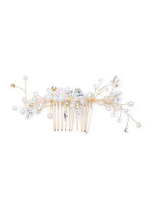 Hair comb with beads and rhinestones, Pearl, Packshot image number 0