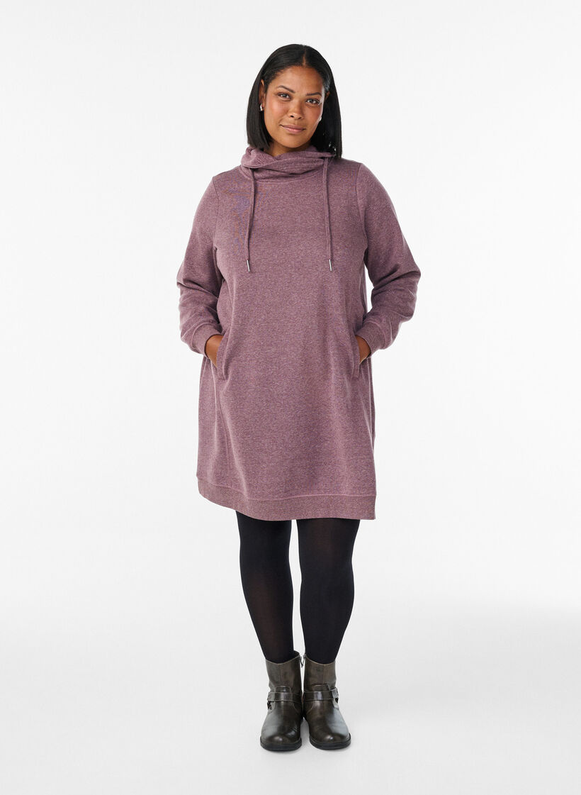 Short sweatshirt dress with high collar and pockets, Red, Model image number 1