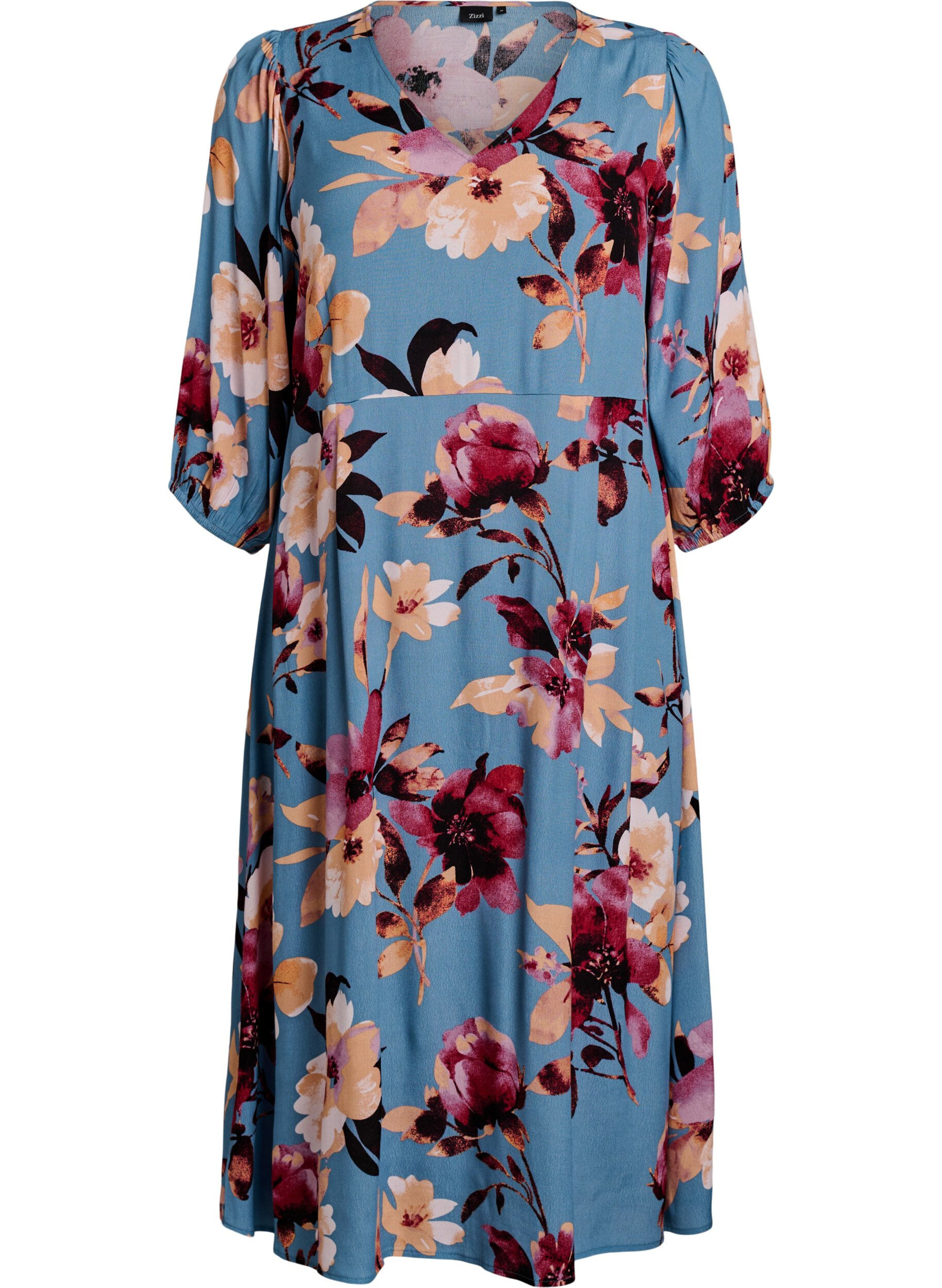 Zizzifashion Midi dress with floral print and 3/4 sleeves, Blue, Packshot image number 0