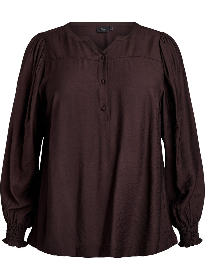 Viscose blouse with smock and gathered details, Brown, Packshot image number 0