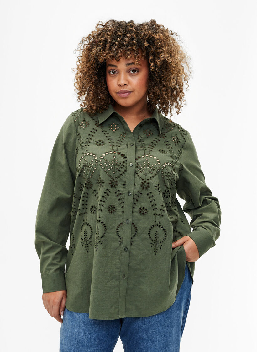 Cotton shirt with broderie anglaise, Thyme, Model image number 0