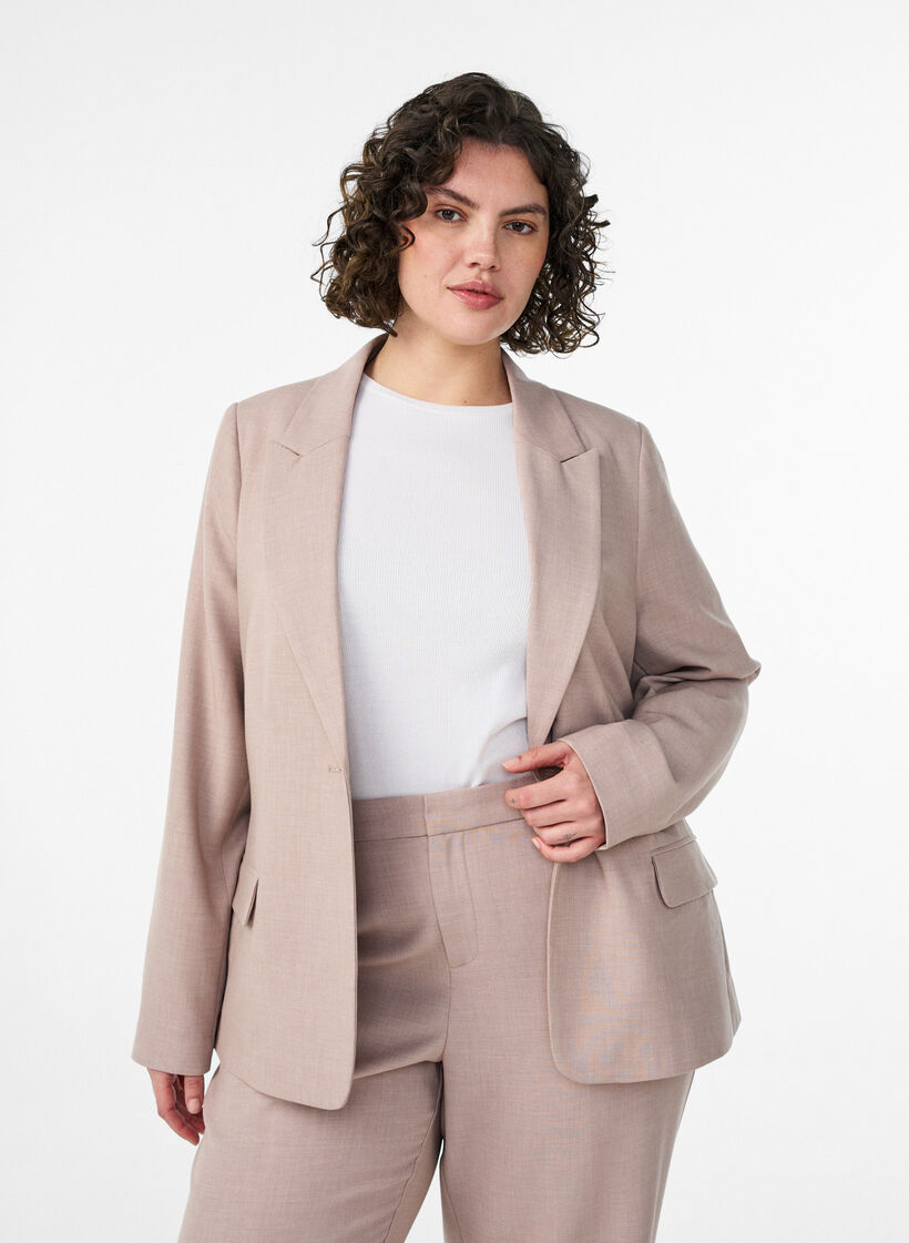 Classic blazer with single button closure and pockets, Beige, Model image number 0