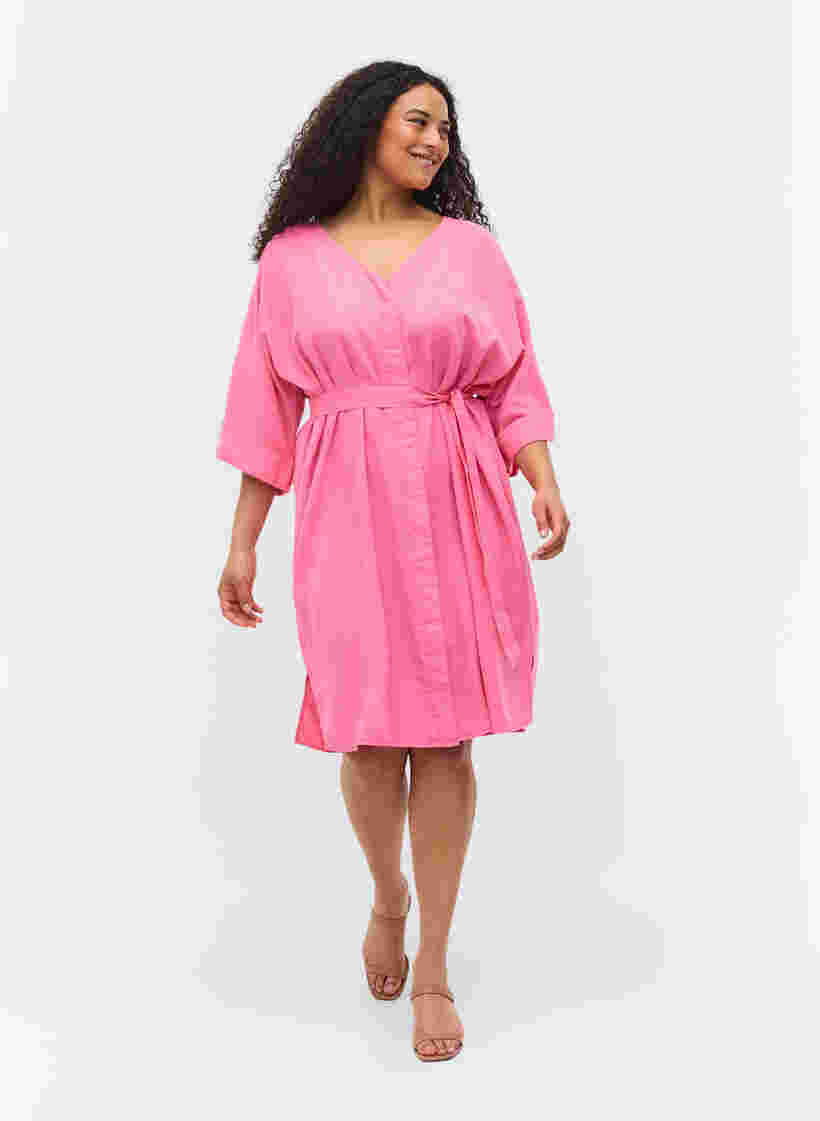 Dress with 3/4 sleeves and tie-belt, Shocking Pink, Model image number 2