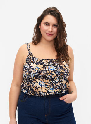 FLASH - Top with print, Brown Blue Flower, Model image number 0