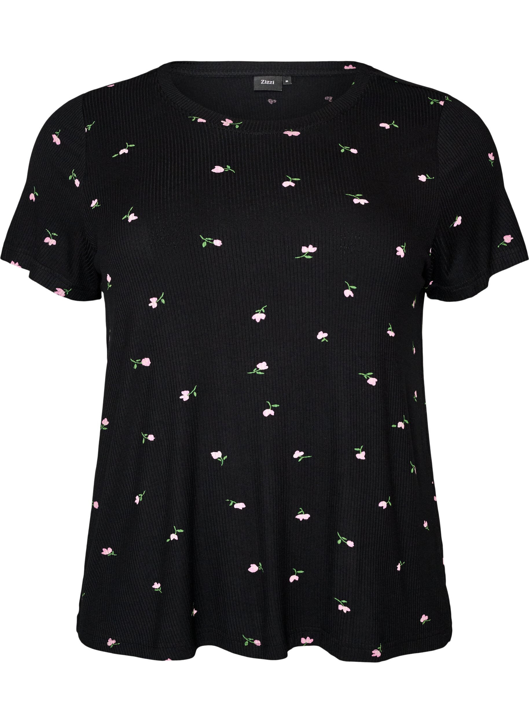 ZizzifashionPyjama top with floral print and ribbed texture, Black, Packshot image number 0
