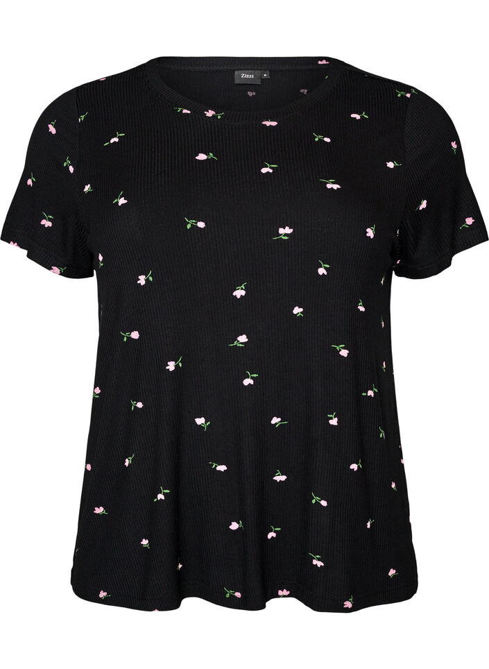 Pyjama top with floral print and ribbed texture, Black, Packshot image number 0