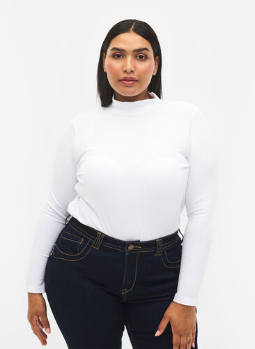 Fitted viscose blouse with high neck, Bright White, Model image number 0