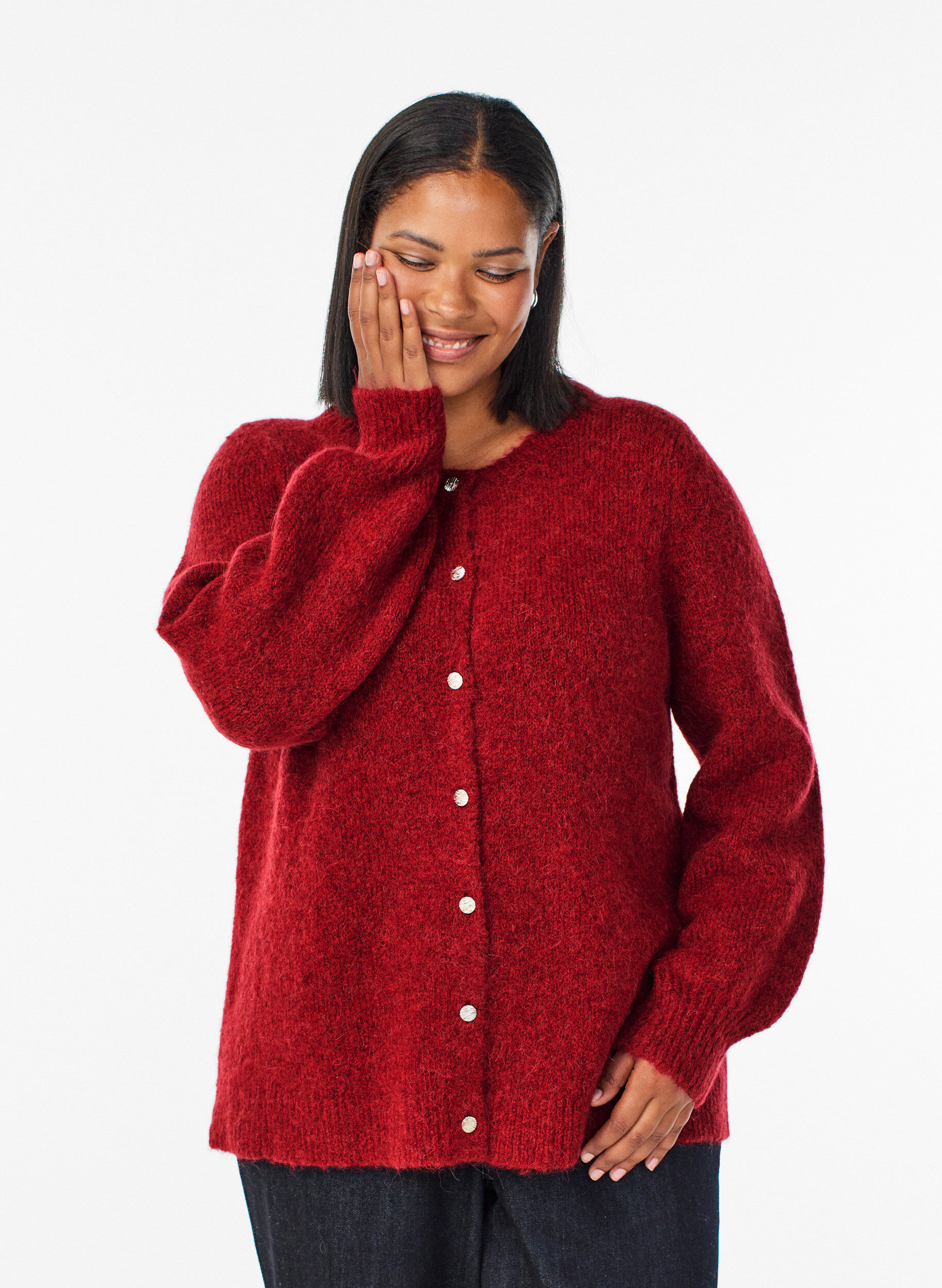 Cardigan with wool and alpaca and decorative buttons, Red, Model