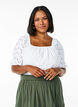 Blouse with short puff sleeves and an openwork pattern, White, Model image number 0