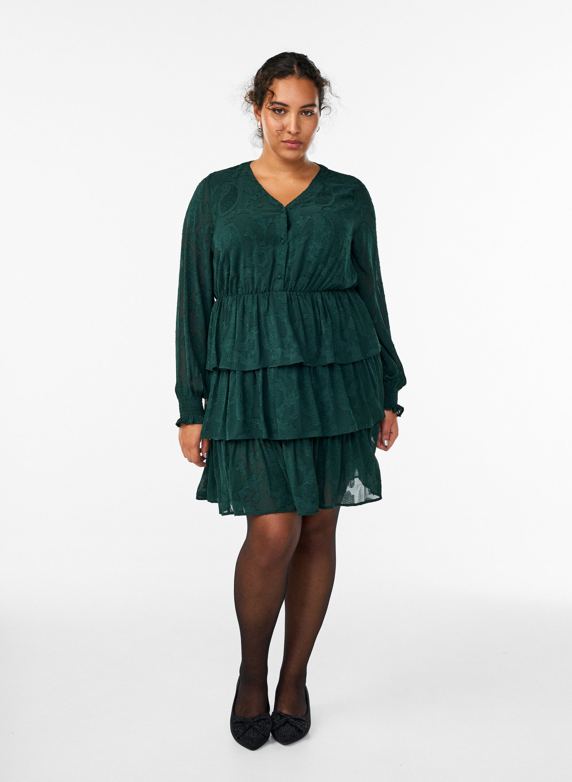 ZizzifashionShort dress with ruffles and a textured pattern, Green, Model image number 1