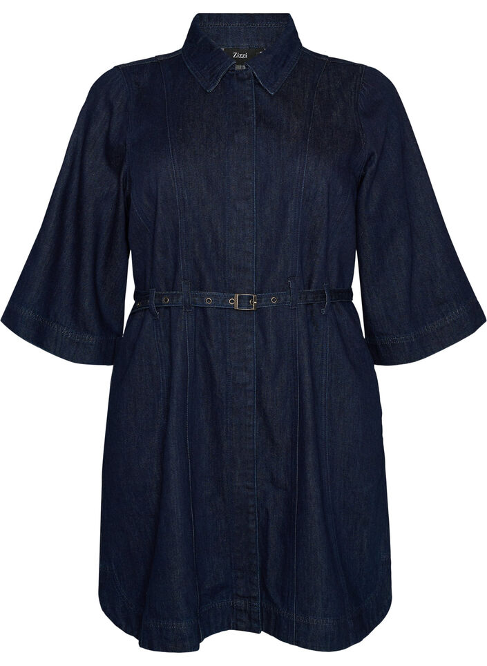Denim dress with belt and 3/4-sleeves, Blue, Packshot image number 0