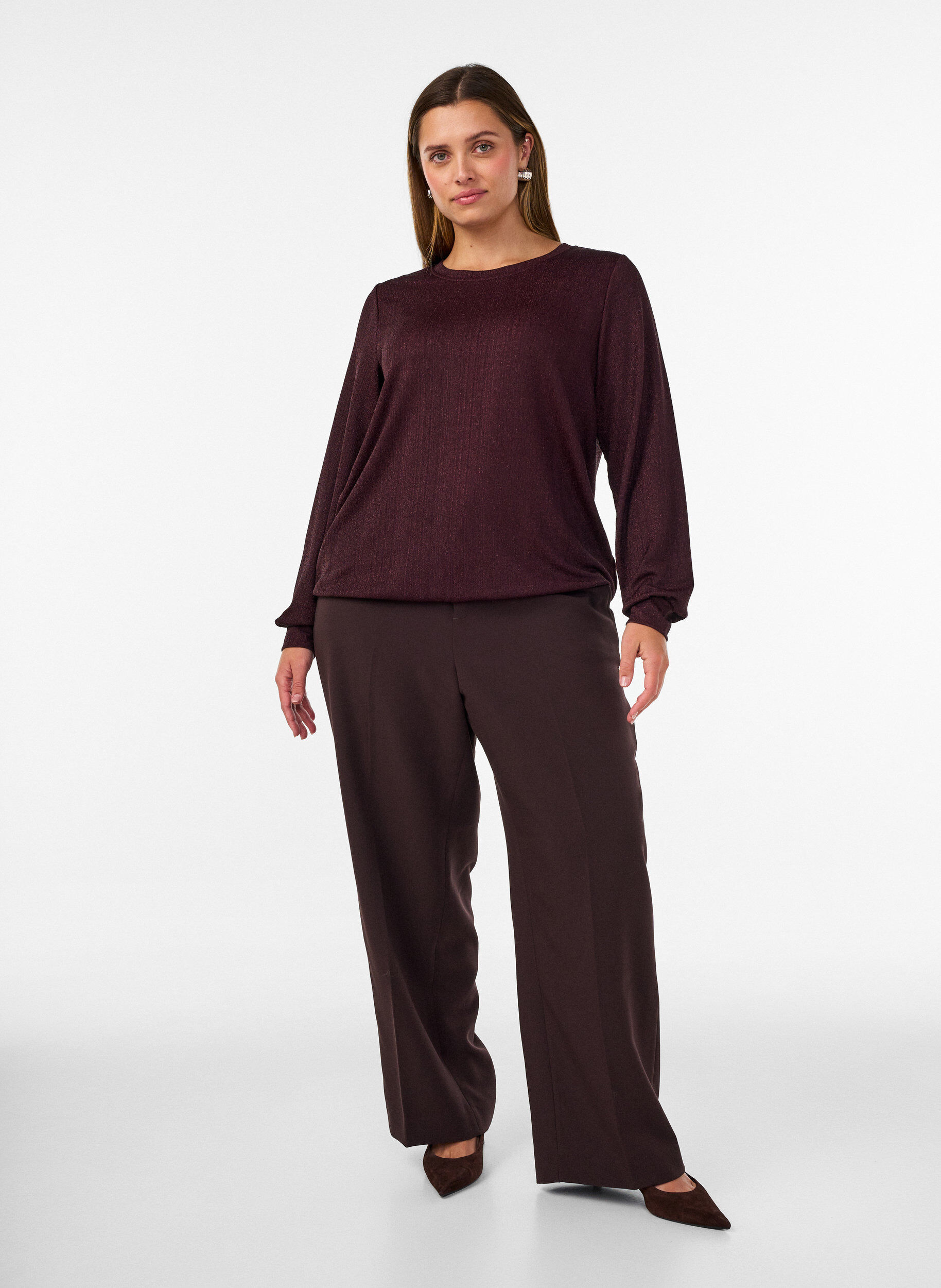 ZizzifashionBlouse with vertical texture and glitter thread, Red, Model image number 1