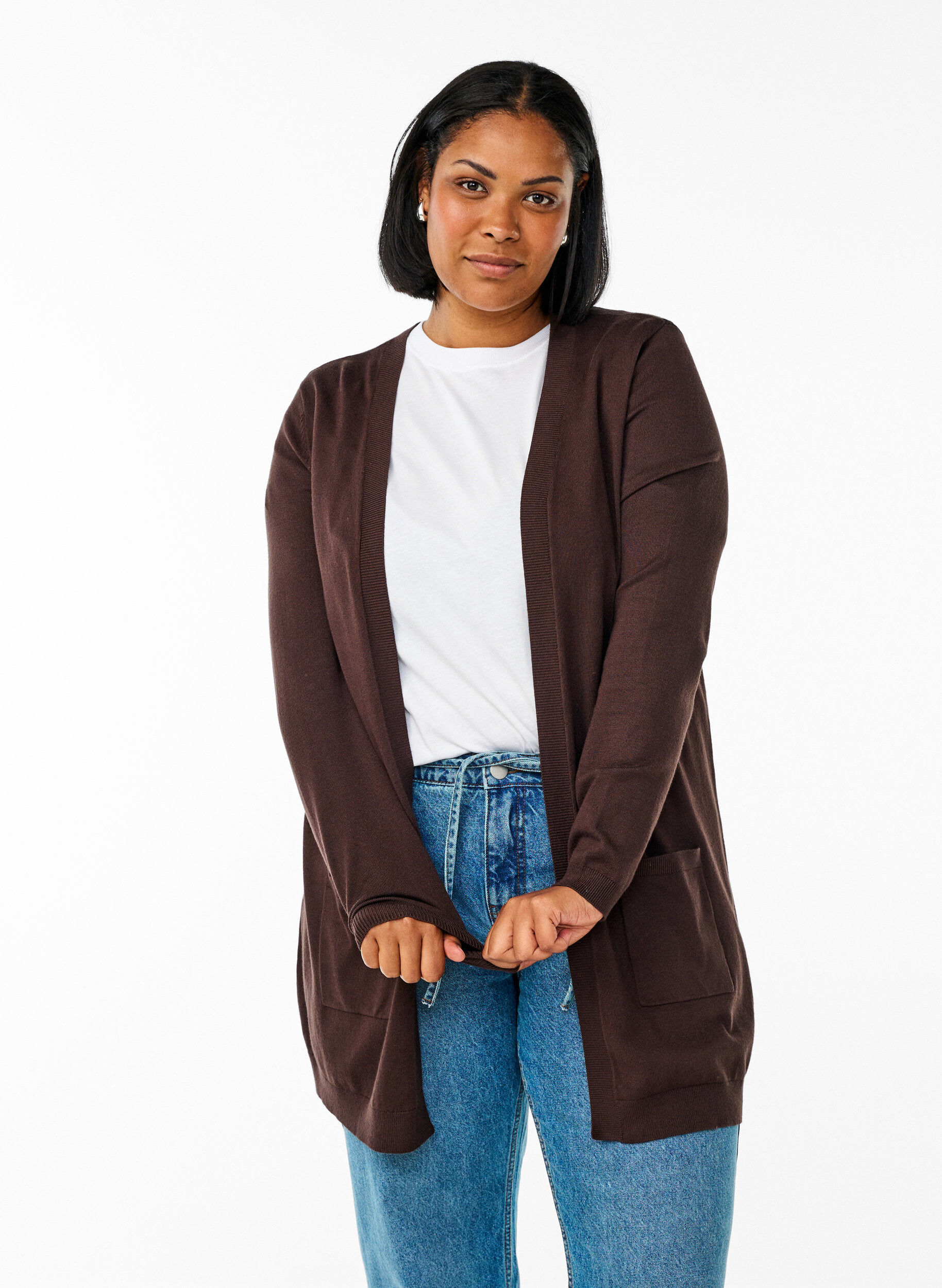Long knitted cardigan in a viscose blend, Brown, Model