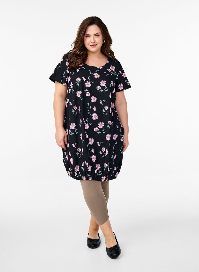 Short-sleeved, printed cotton dress, Black, Model image number 1