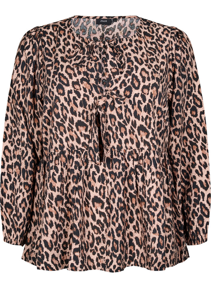 Peplum blouse with tie and leopard print, Brown, Packshot image number 0