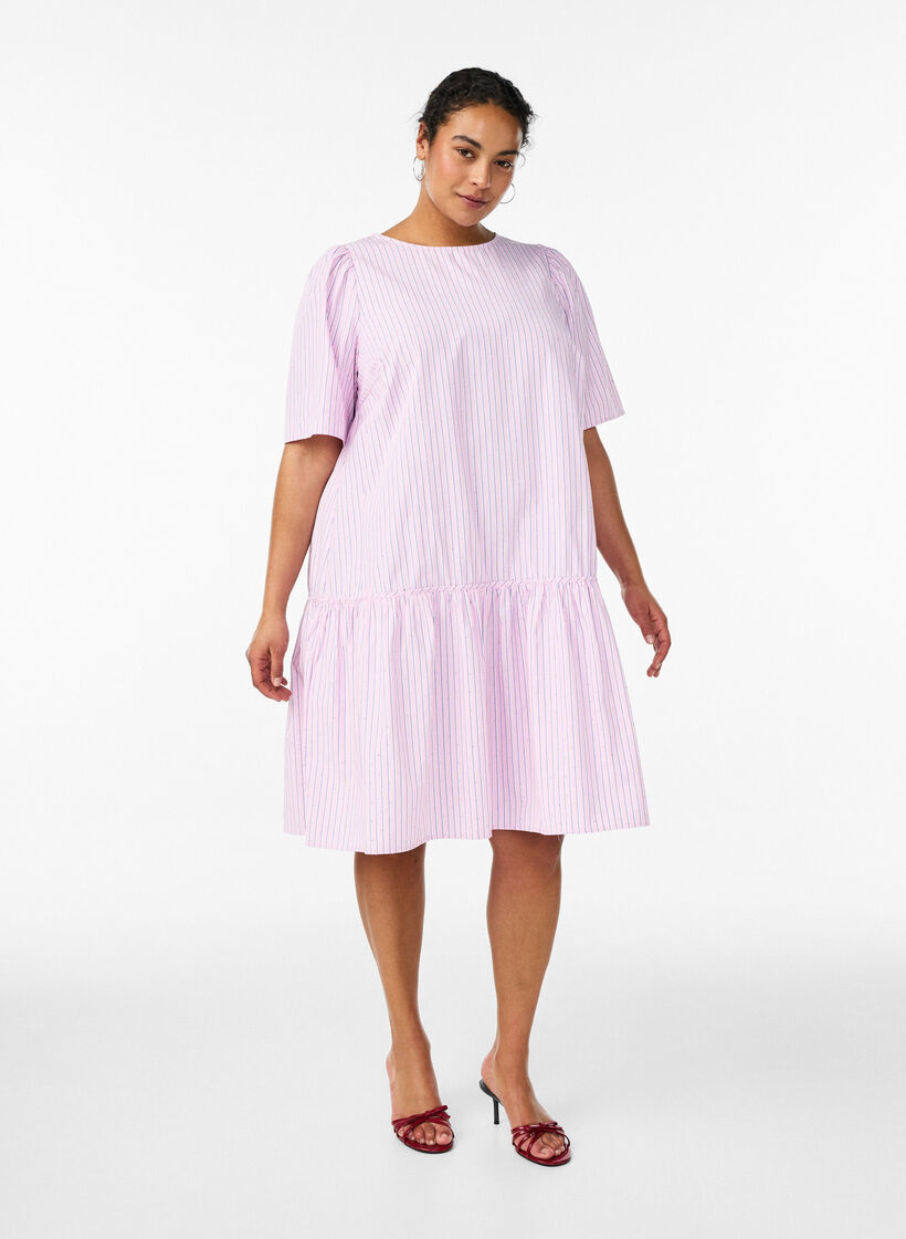 Knee-length striped dress with stones and puff sleeves, Pink, Model image number 1