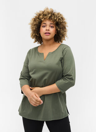 Plain-coloured cotton blouse with 3/4-length sleeves and slits, Thyme, Model image number 0