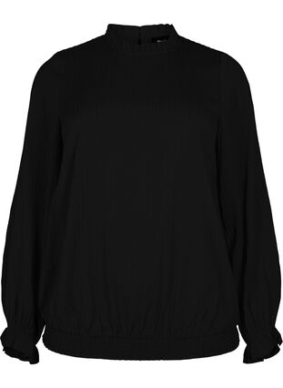 Smock blouse with ruffles and texture, Black, Packshot image number 0
